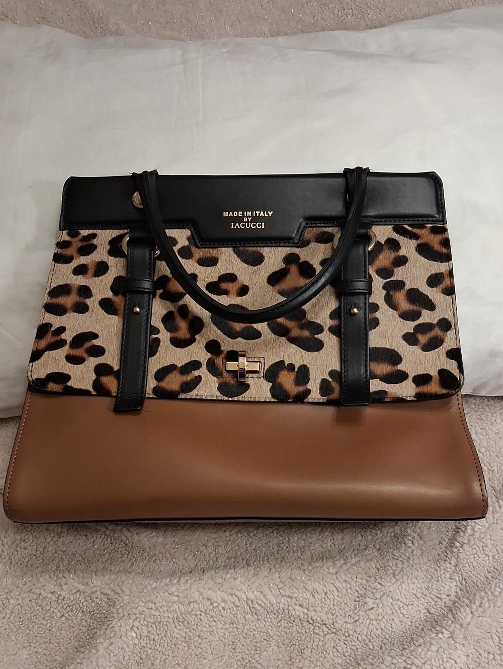 Leopard Print & Brown Leather Satchel with Black Trim